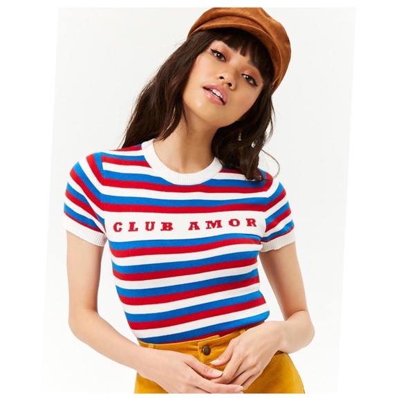 NWT Forever 21 Club Amour 100% Cotton Striped Cropped Knit Sweater Small - Picture 1 of 7